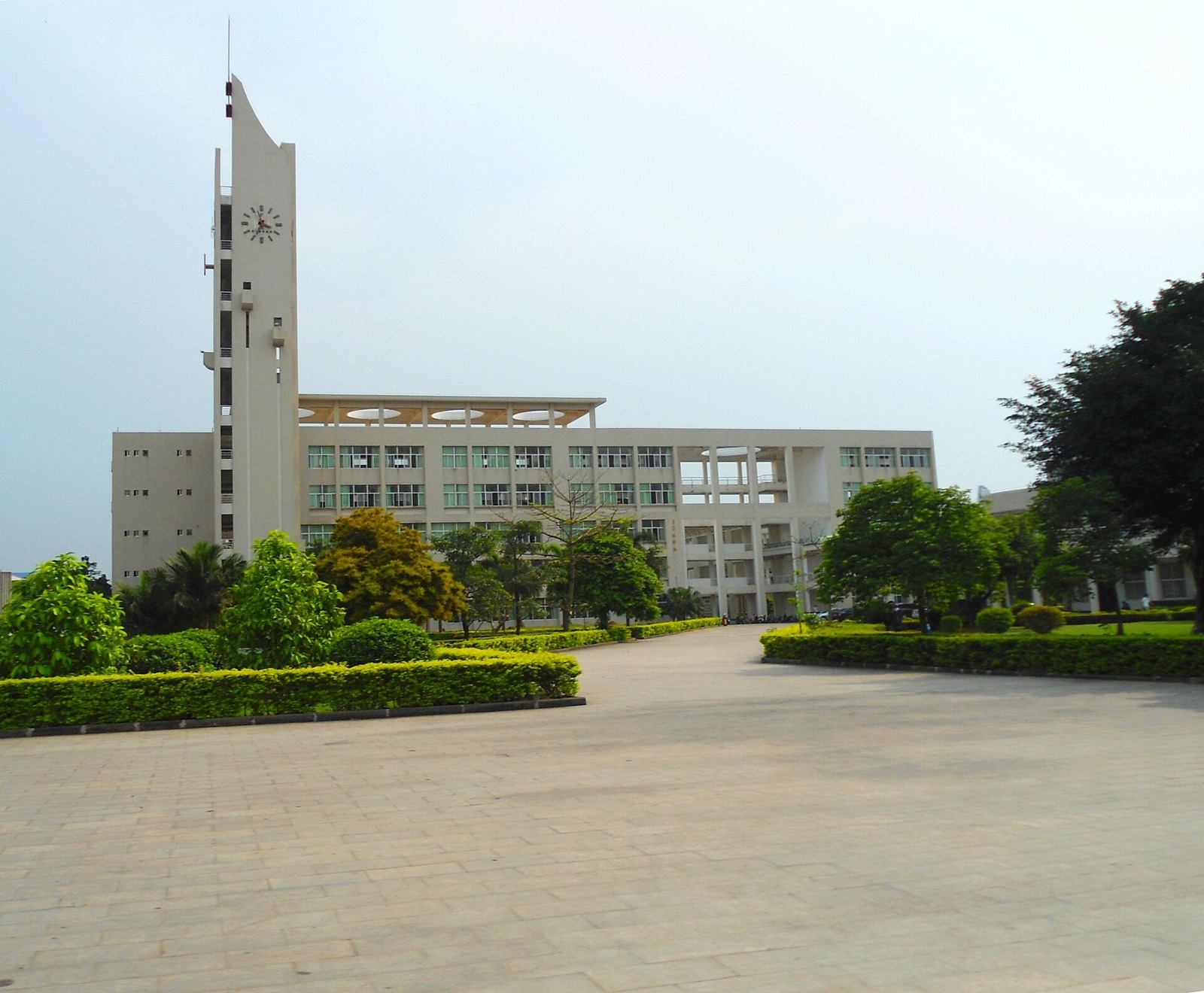 海南高校校园主楼与林荫道氛围图，非陵水黎安试验区实景